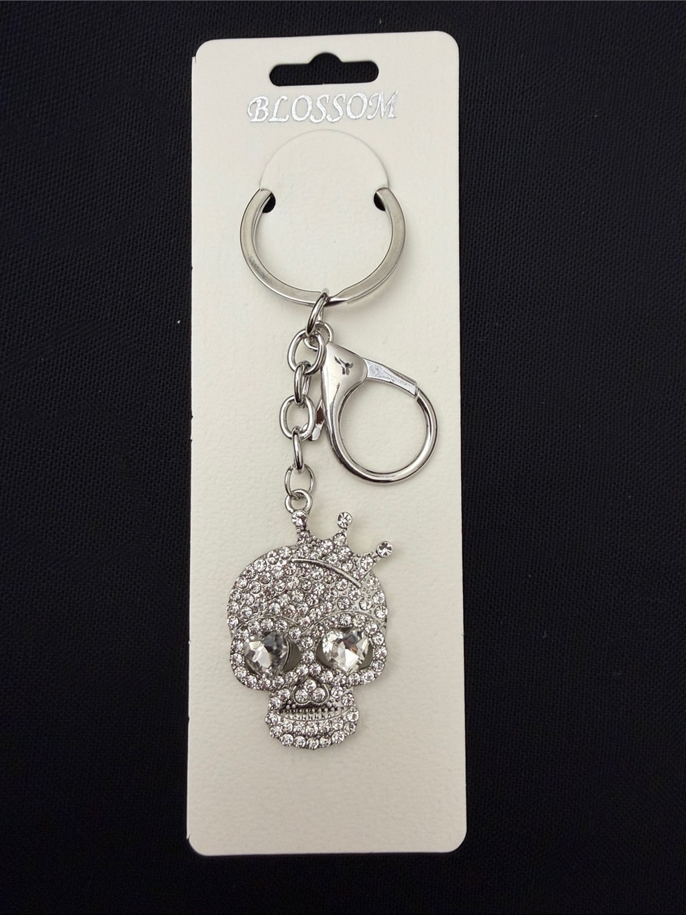 Silver Crystal Crown Skull Keychain - Rhinestone Accent